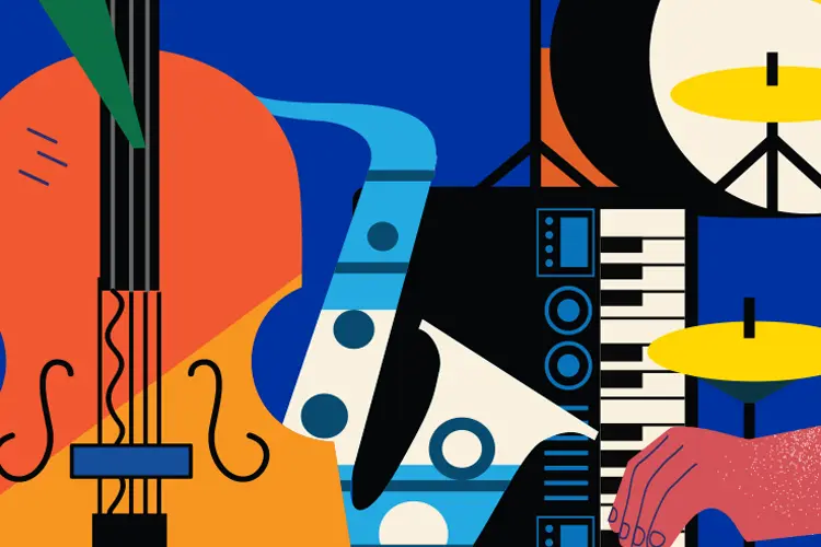 An illustrated upright bass, saxophone, piano and drum set are pictured on a blue background.